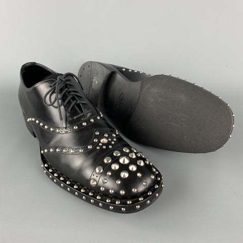PRADA F/W 09 Size10.5 Black Studded Leather Cap Toe Lace Up Shoes
