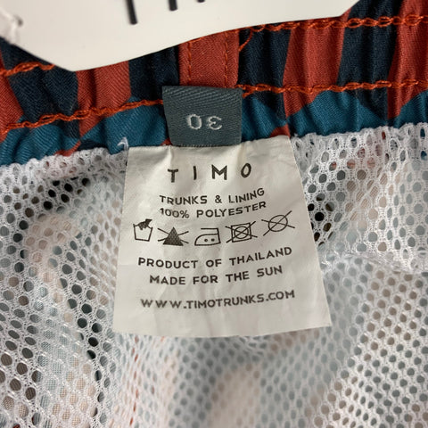 TIMO Size 30 Brick Black Blue Geometric Polyester Lined Swim Trunks