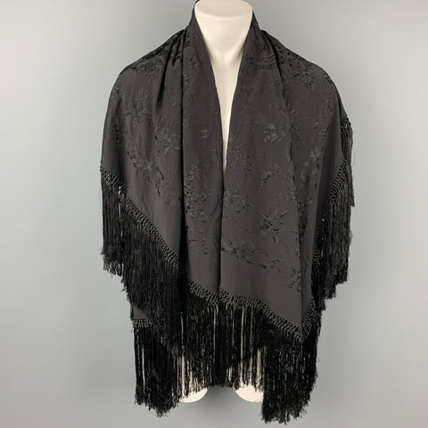 RALPH LAUREN Purple Label Black Embroidered Silk Fringe 54 x 52 in Scarf Shawl