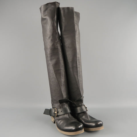 MA+ Talla 7 Botas moteras con tiras hasta el muslo de cuero negro