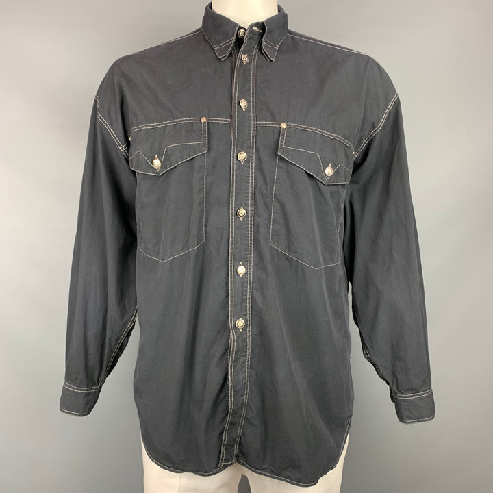 Vintage VERSACE JEANS COUTURE Talla L Camisa de manga larga de algodón con puntada en contraste negra
