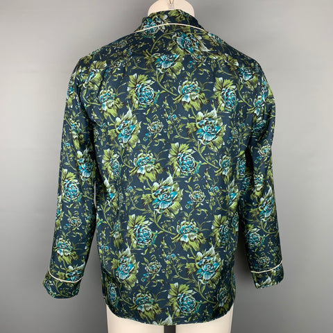 BURBERRY Size S Navy & Green Floral Silk Pajama Long Sleeve Shirt