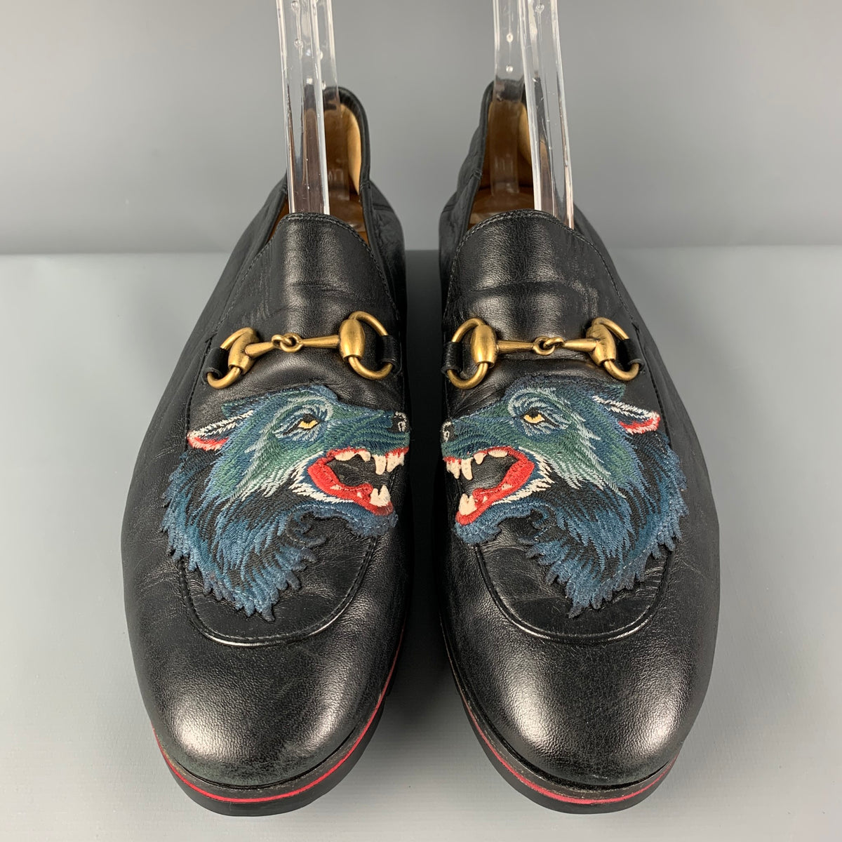 GUCCI Size 9.5 Black Wolf Patch Leather Slip On Loafers 