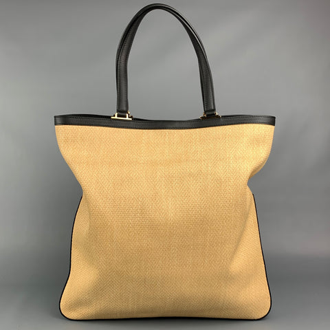 FURLA Fortezza Beige & Black Straw Leather Trim Tote Handbag