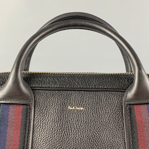 PAUL SMITH Black Pebble Grain Stripe Trim Leather Briefcase Bag