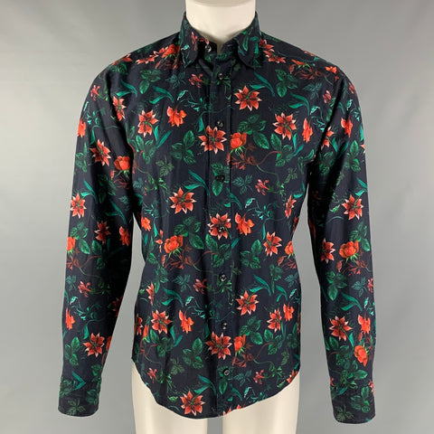 ETON Taille M Chemise à manches longues boutonnée en coton floral bleu marine, vert et orange