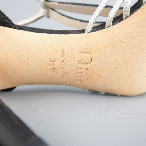 CHRISTIAN DIOR Size 9.5 Black & Silver Silk & Leather Rhinestone T Strap Sandals