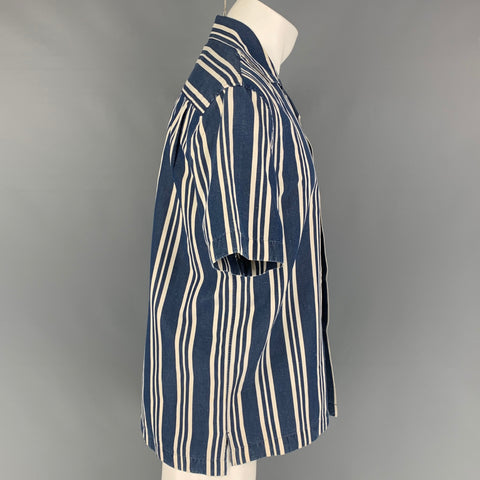 MR P. Size M Blue White Stripe Cotton Blend Short Sleeve Shirt