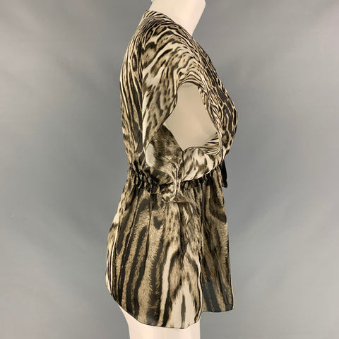 ROBERTO CAVALLI Talla 2 Blusa sin mangas con estampado animal de seda en blanco y negro oliva