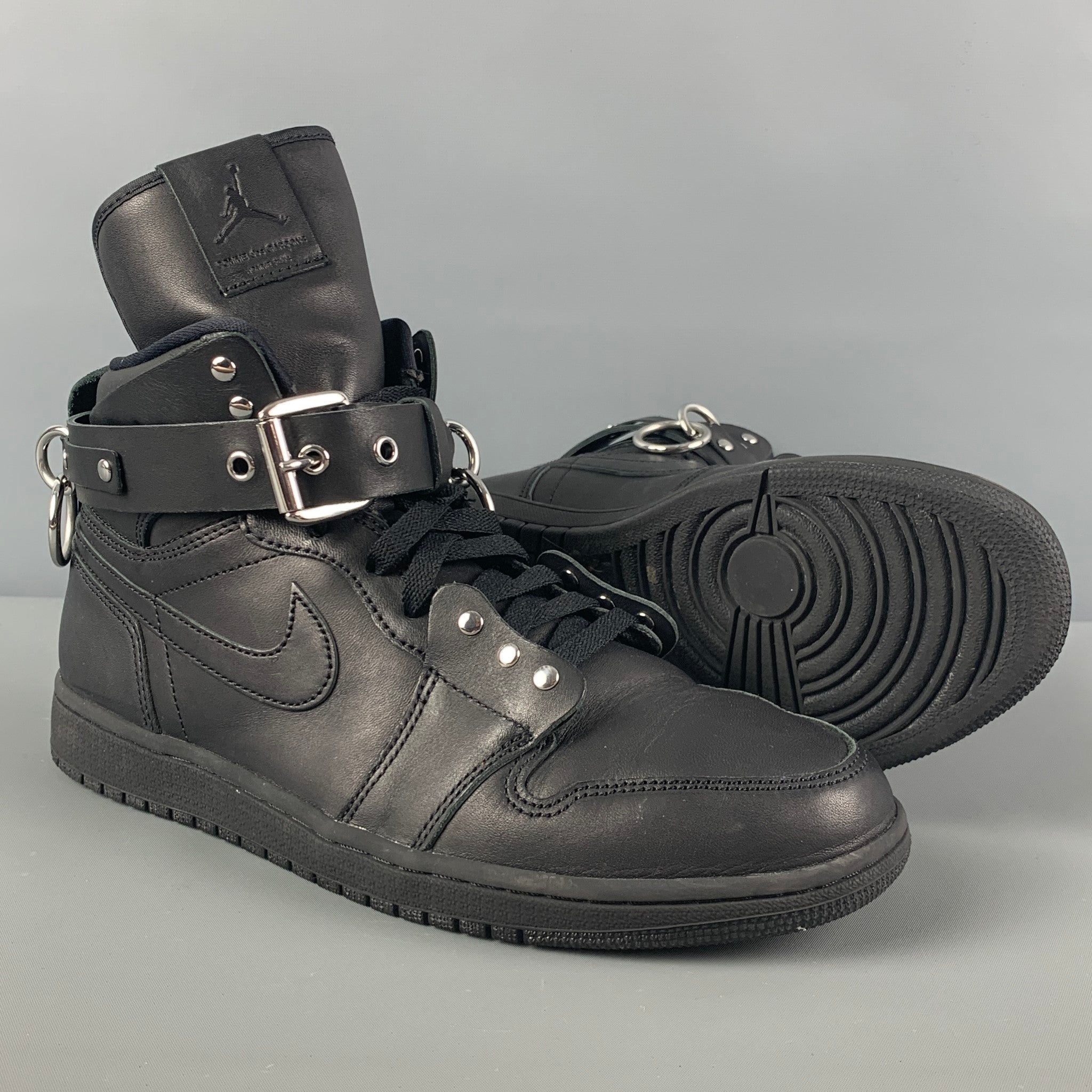 COMME des GARCONS x AJ1 FW19 Bondage Size 10 Black Leather High Top Sn Sui Generis Designer Consignment