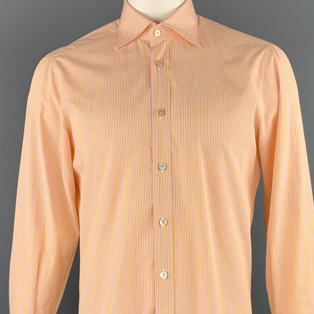 KITON Camisa de manga larga con botones de algodón a rayas amarillas y moradas talla M