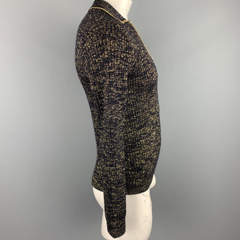 DRIES VAN NOTEN Size L Black & Metallic Gold Ribbed Knit Wool Blend Half Zip Pullover