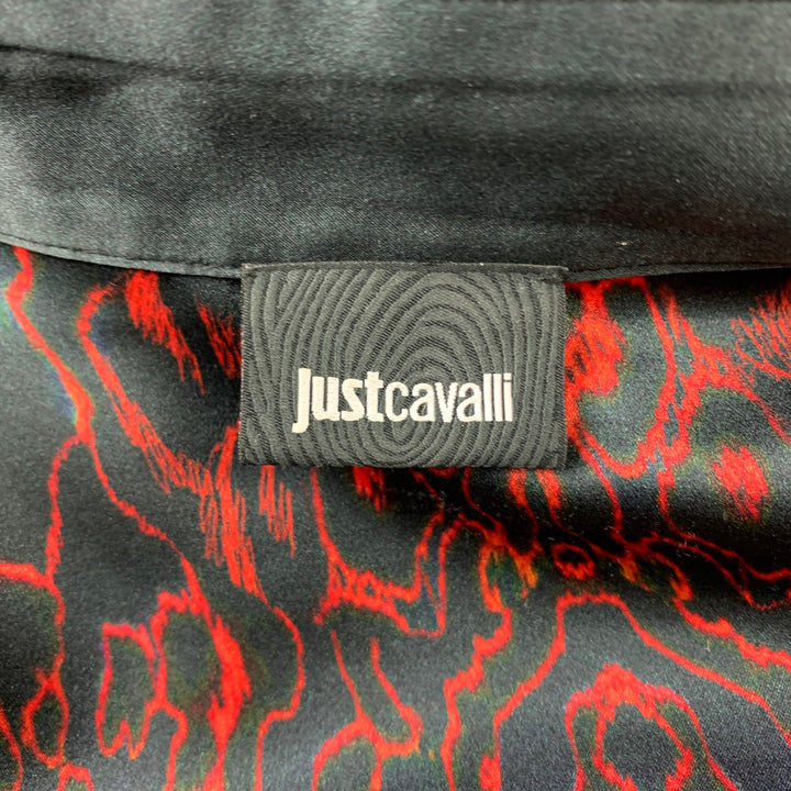 JUST CAVALLI Size XL Black & Red Print Silk Hidden Buttons Shirt