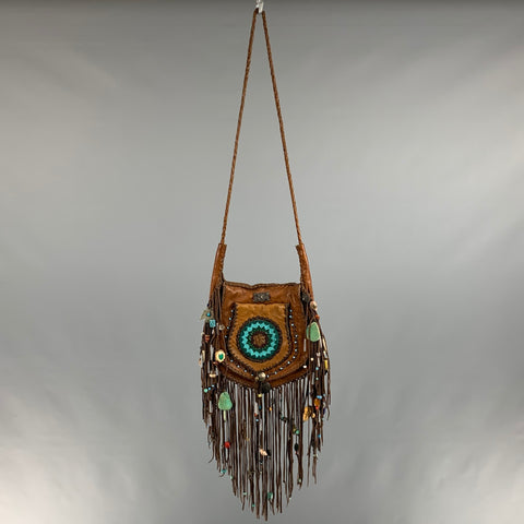 VINTAGE Sac à main à bandoulière en cuir perlé marron turquoise