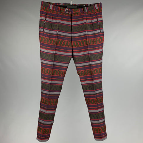 MSGM Size 32 Purple Green Jacquard Polyester Blend Pleated Dress Pants