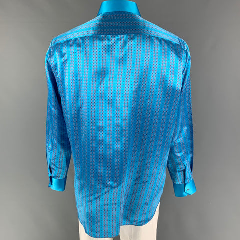 STEFANO RICCI Size XL Turquoise Light Grey Dots Silk Long Sleeve Shirt