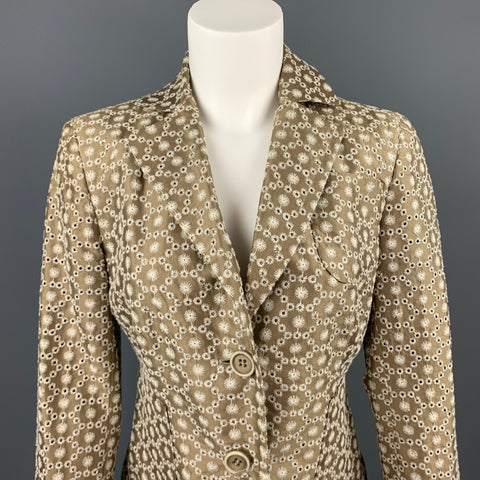 AKRIS Size 6 Taupe & Cream Silk / Cotton Embroidered Taffeta Cropped Blazer