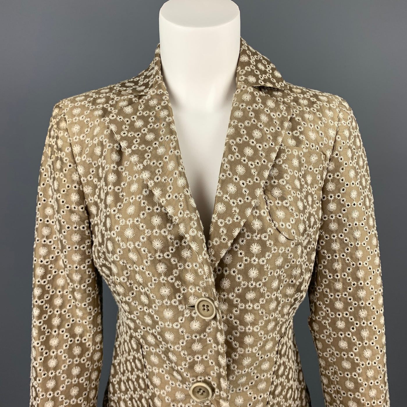 AKRIS Size 6 Taupe & Cream Silk / Cotton Embroidered Taffeta Cropped Blazer