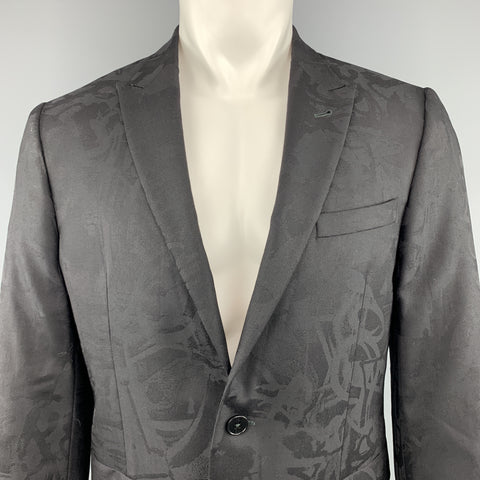PS by PAUL SMITH Taille 40 Imprimé Noir sur Noir Imprimé Graffiti Textured Wool Peak Lapel Sport Coat