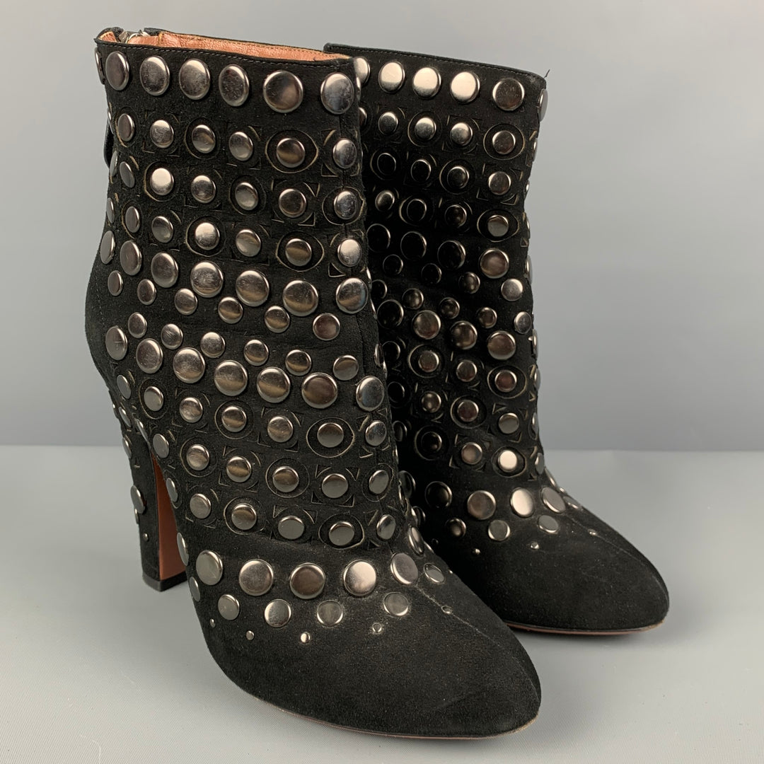 ALAIA Size 7.5 Black Leather Studded Suede Back Zip Boots