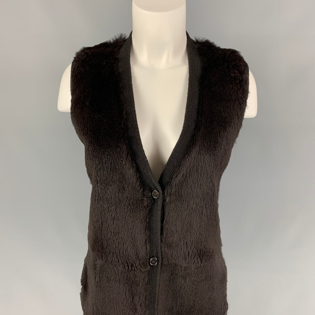 S by MAX MARA Taille M Gilet en laine tricotée marron / cachemire avec bordure en fourrure de lapin