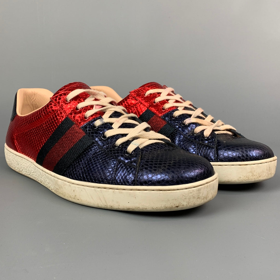 GUCCI Size Red Blue Metallic Snakeskin Low Top Ace Sneakers