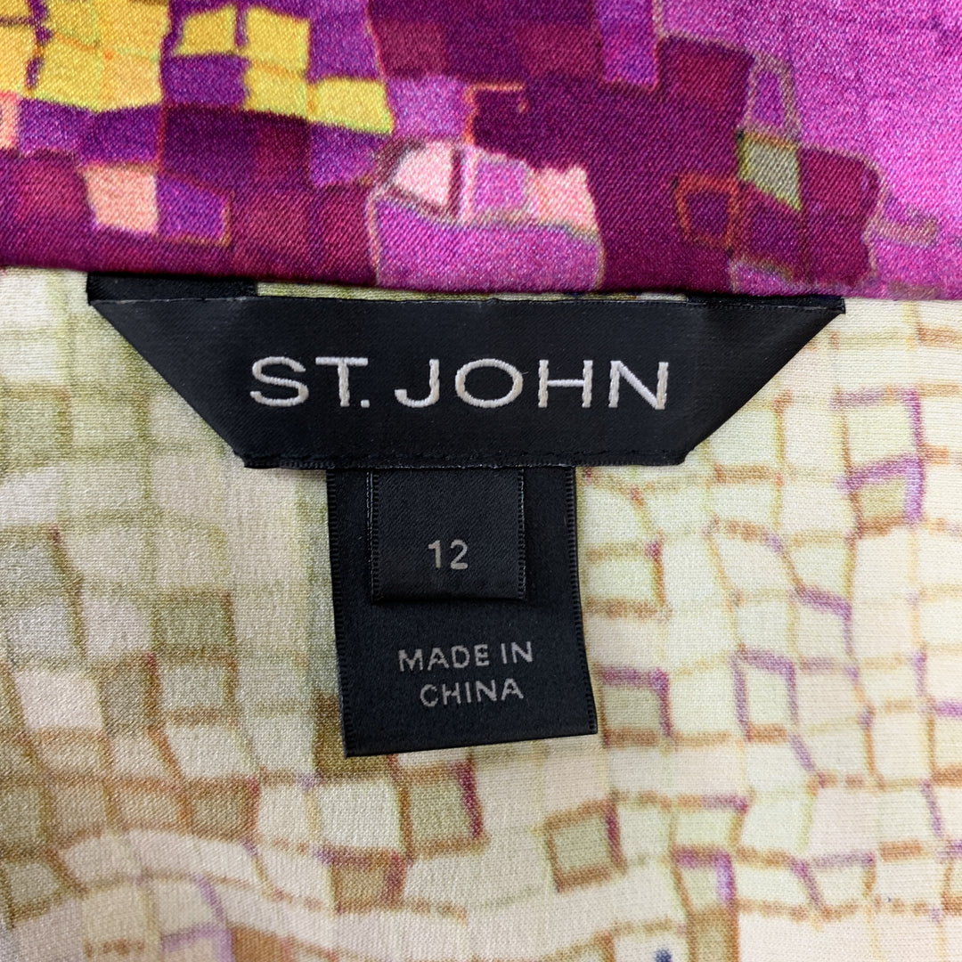 ST. JOHN Size 12 Purple MultiColor Floral Silk Rufle Blouse
