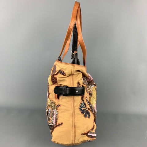 DRIES VAN NOTEN Tan Embroidered Detachable Black Leather Shoulder Combo Handbag-Clutch