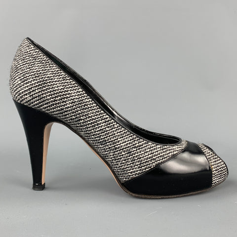GIANVITO ROSSI Talla 7 Zapatos de tacón con punta abierta de charol de tweed gris