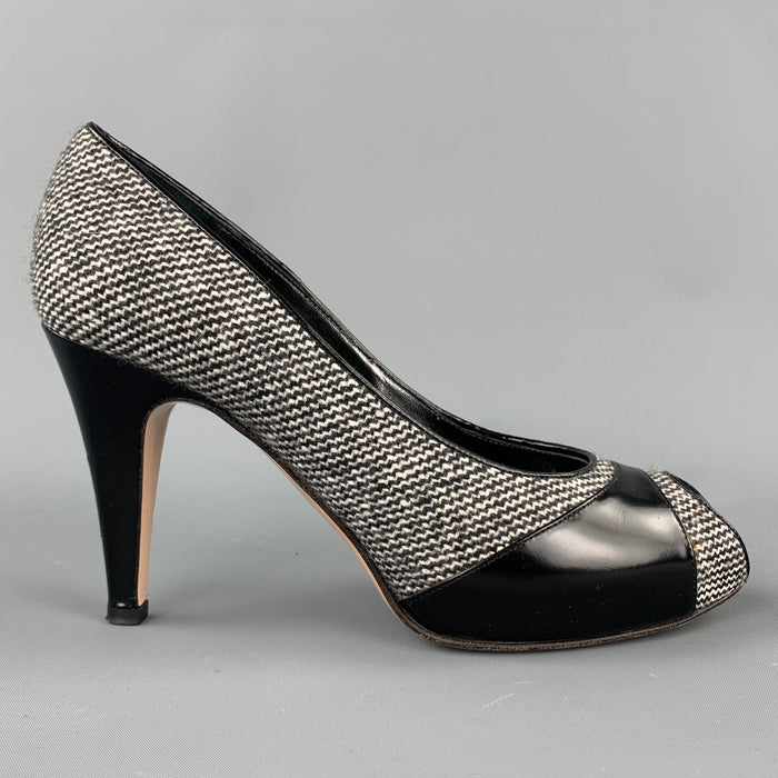 GIANVITO ROSSI Size 7 Grey Tweed Patent Leather Tweed Open Toe Pumps