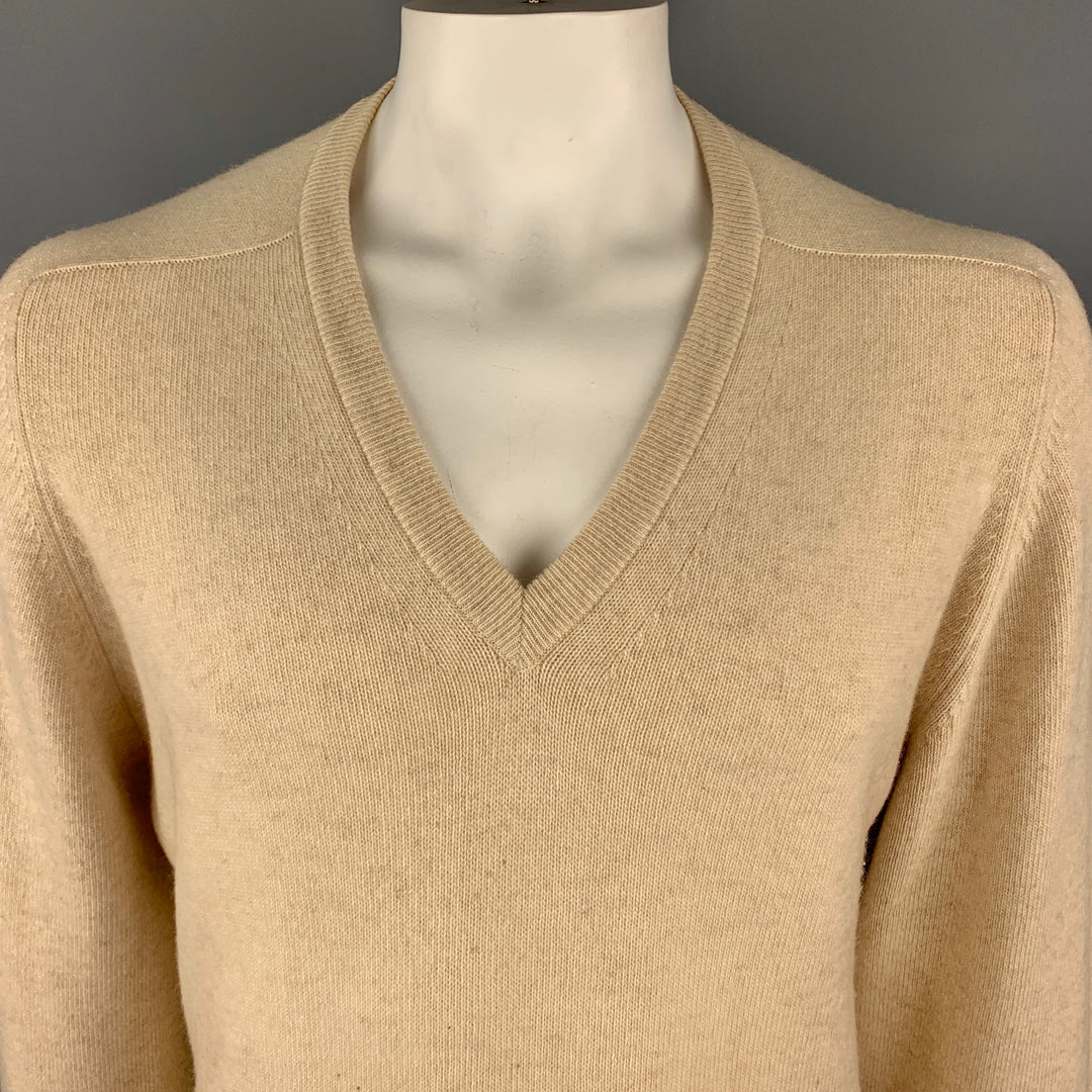 N. PEAL Size XL Khaki Knitted Cashmere V-Neck Pullover Sweater