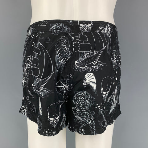 PHILIPP PLEIN Size M Black White Print Polyamide Drawstring Swim Trunks