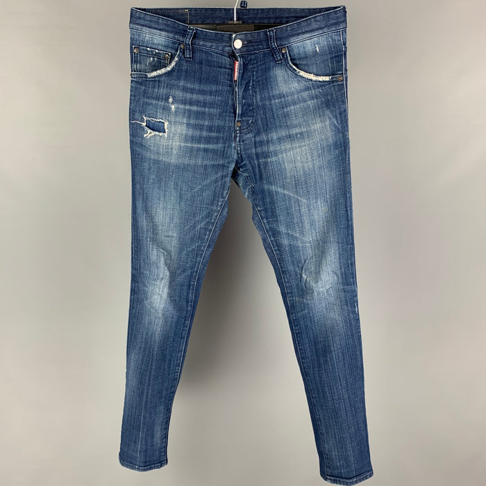 DSQUARED2 Size 30 Blue Distressed Cotton Skinny Jeans