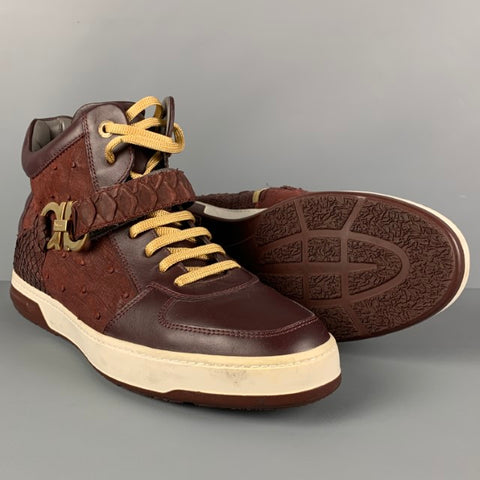 SALVATORE FERRAGAMO Size 10 Burgundy Leather Nayon Gancio High Top Sneakers