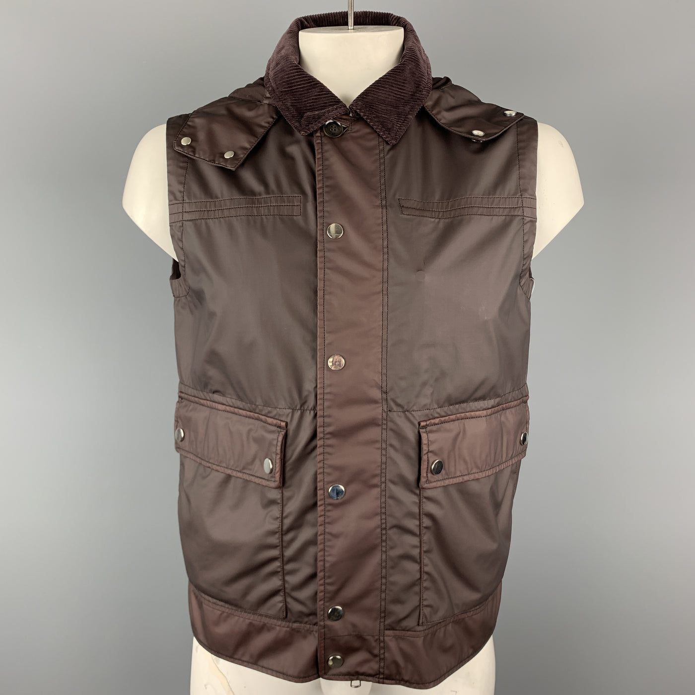 ERMENEGILDO ZEGNA Chest 40 Burgundy Coated Wool & Corduroy Hooded Vest