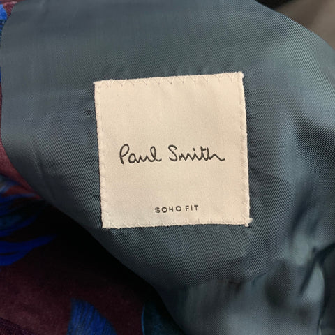 PAUL SMITH Size 40 Burgundy & Blue Print Velvet Notch Lapel Sport Coat