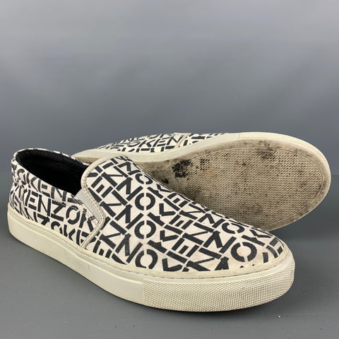 KENZO Size 10 White Black Logo Canvas Slip On Sneakers