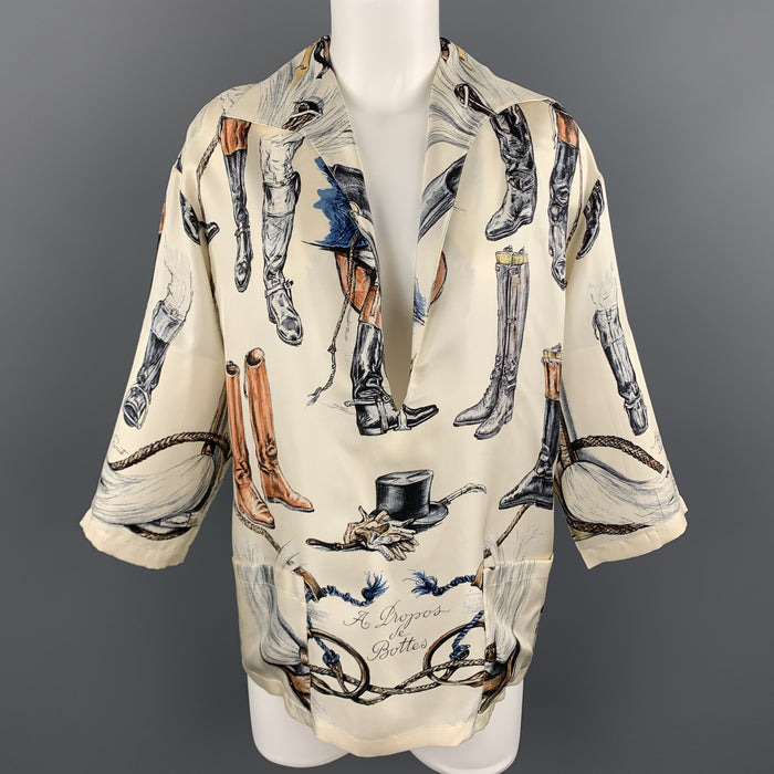 HERMES Size 6 Cream Silk Equestrian A PROPES DE BOTTES Print Blouse