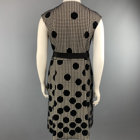 AKRIS Size 12 Black & Beige Polka Dot Houndstooth Belted Shift Dress