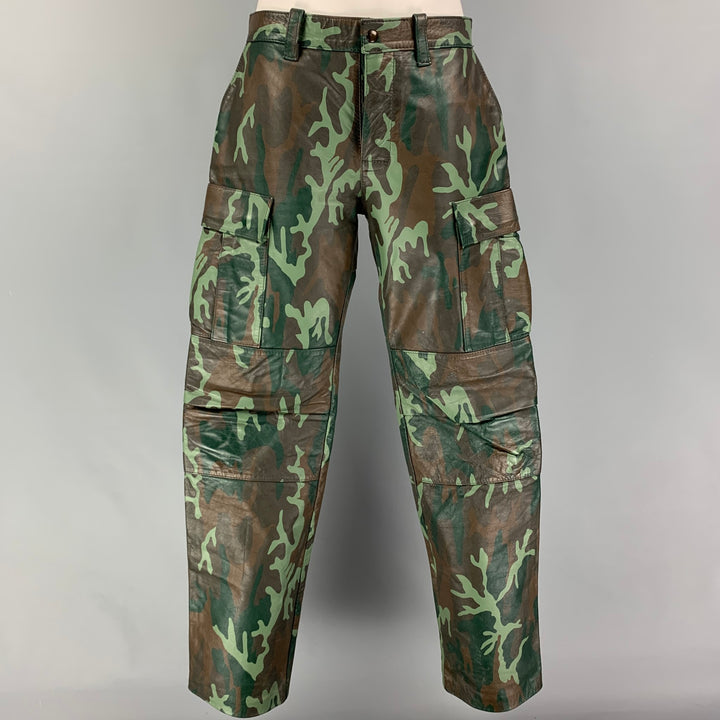 MR. S LEATHER Size 34  Brown Green Camo Leather Cargo Casual Pants
