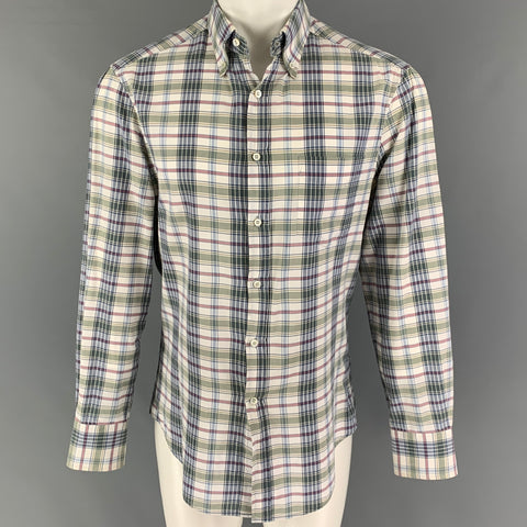 BRUNELLO CUCINELLI Size M White Navy Plaid Cotton Button Up Long Sleeve Shirt