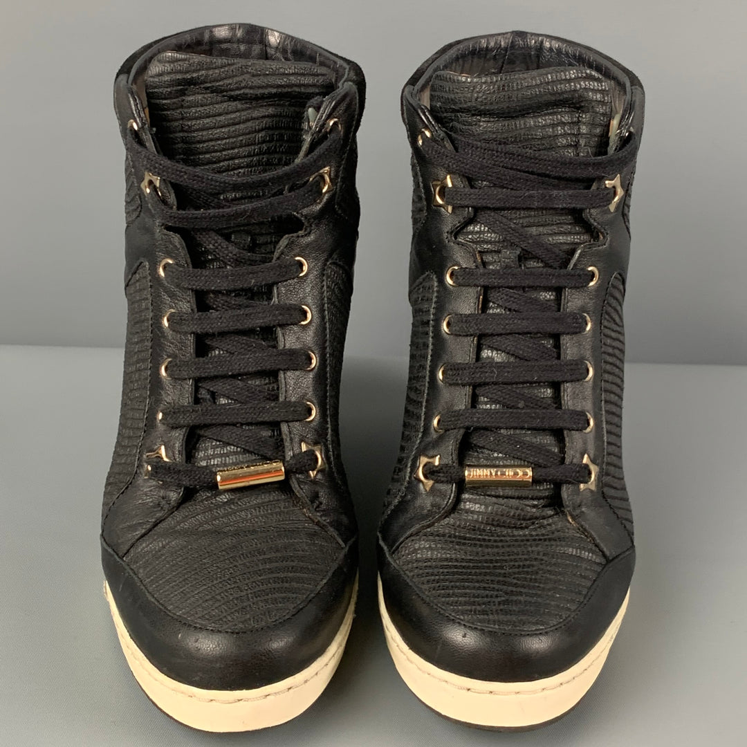 JIMMY CHOO Size 8 Black Leather Quilted Wedge Boots