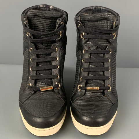 JIMMY CHOO Size 8 Black Leather Quilted Wedge Boots