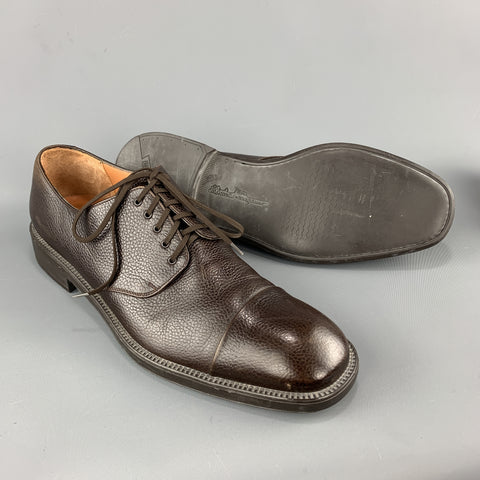 SALVATORE FERRAGAMO Size 11 Brown Textured Leather Cap Lace Up Dress Shoes