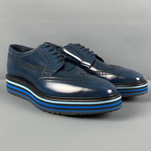 PRADA Size 10 Blue Black Perforated Leather Platform Lace Up Shoes