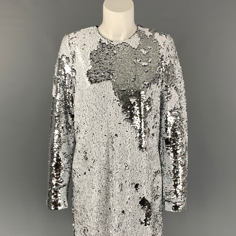 NOTES DU NORD Size S White & Silver Polyester Sequined Long Sleeve Dress