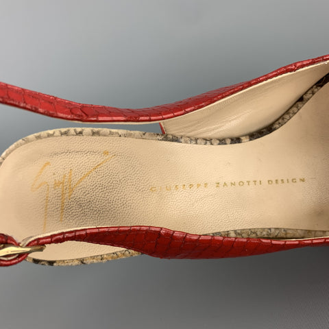 GIUSEPPE ZANOTTI Talla 8 Zapatos de tacón peep toe con tira trasera y piel de serpiente en rojo y beige