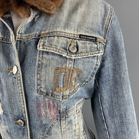 DOLCE & GABBANA Size 10 Blue Denim Fur Collar Trucker Jacket