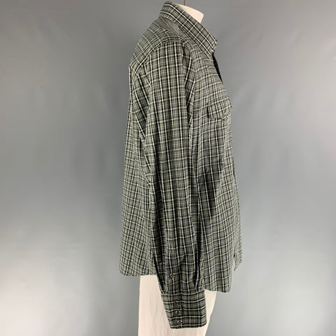 TOM FORD Size XXL Green Black & White Checkered Cotton Western Long Sleeve Shirt