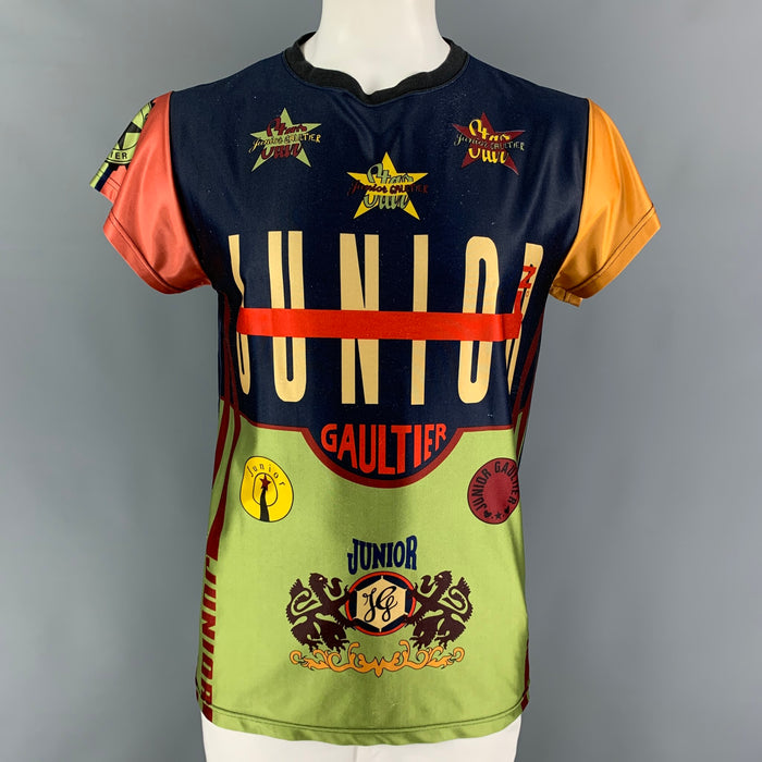 JUNIOR GAULTIER 1980's Size XL Military Green Graphic Polyester Crew-Neck T-shirt